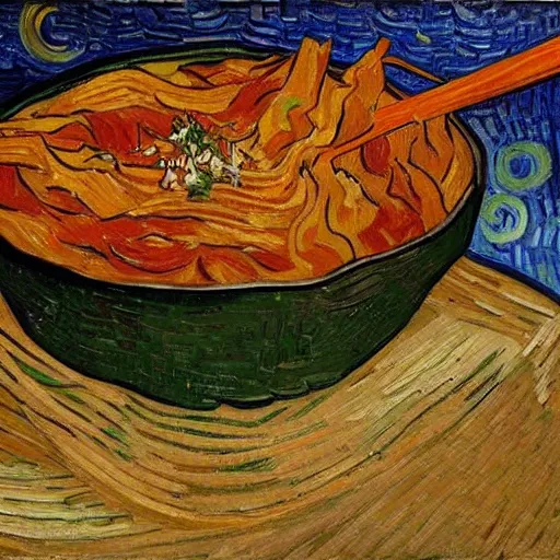 Image similar to van gogh eating kimchi