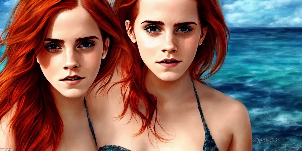 Image similar to highly detailed Red-haired beauty Emma Watson in a bikini pixiv, digital Art