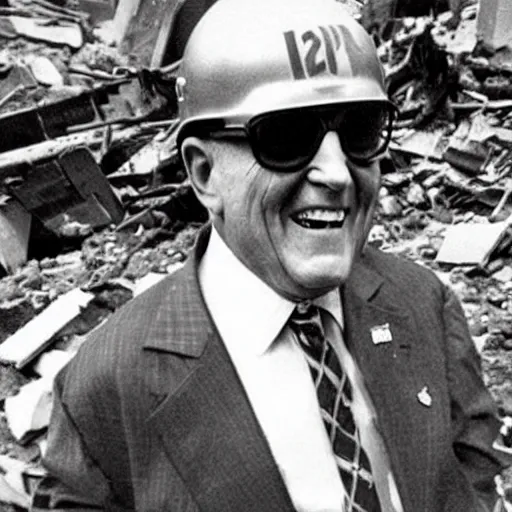 Image similar to a closeup a very drunk evil Rudy Giuliani squatting smiling wearing black thog underwaer while covering himself with rubble sensully on top of the world trade center rubble pile in new york