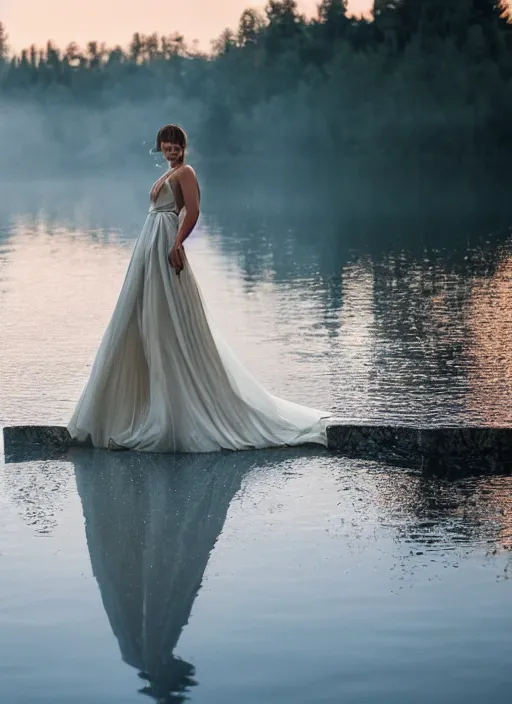 Image similar to symmetry!! a 2 8 mm macro photo of a woman in a formal gown emerging from a lake, misty, morning, splash art, movie still, bokeh, canon 5 0 mm, cinematic lighting, dramatic, film, photography, golden hour, depth of field, award - winning, anamorphic lens flare, 8 k, hyper detailed, 3 5 mm film grain