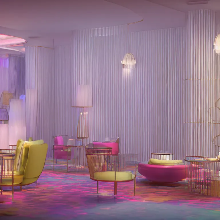 Prompt: octane render by ricardo bofill and buckminster fuller and robert hubert and weta digital, inside a high - end exotic colorful pastel vintage boutique hotel lounge, deep depth of field, 8 k, cinema 4 d, raytraced lighting and reflections, very sharp focus, crisp render, trending on cgsociety