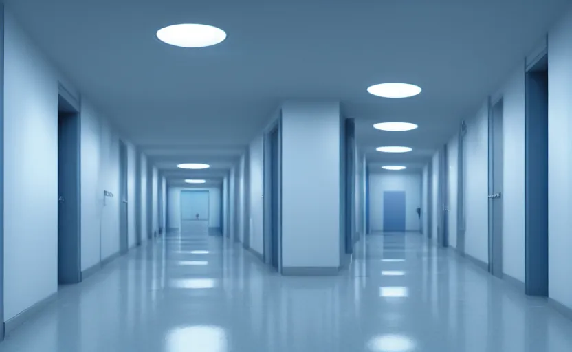 Prompt: an hallway in hospital with soft blue lights in the roof, octane render, artstation trending, highly detailded