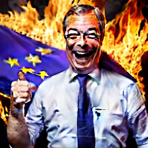 Image similar to nigel farage laughing holding burning eu flag, studio photograph, hd, studio