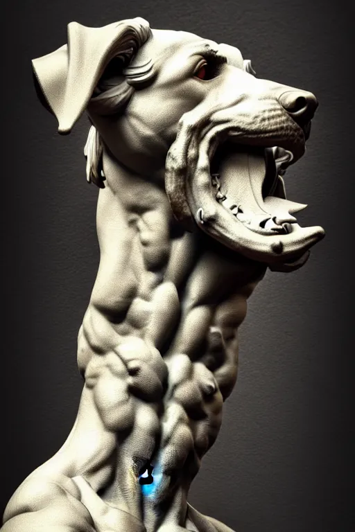 Image similar to dog as a greek god, greek statue, gorgeous, amazing, muscular, fit, very muscular male body, very detailed face, detailed features, fantasy, circuitry, explosion, dramatic, intricate, elegant, highly detailed, digital painting, artstation, concept art, smooth, sharp focus, illustration, art by gustave dore, octane render