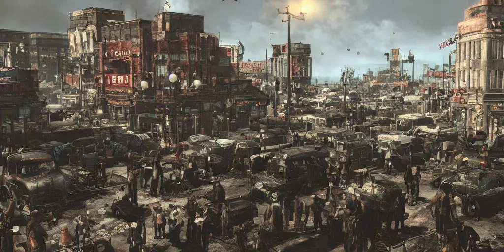 Image similar to a busy town square, fallout style, fallout 3, fallout 4, fallout 7 6, post - apocalyptic, digital art, 4 k,