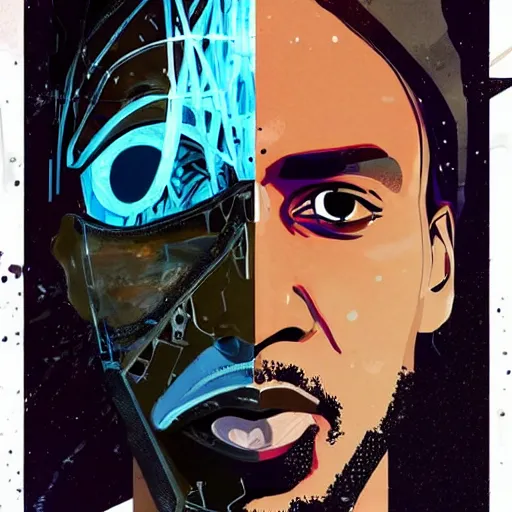 Image similar to portrait of kawhi leonard as half terminator with a robot eye in a scenic environment by conrad roset, watercolors, cybernetically enhanced, hyperdetailed, cyberpunk, cool, trending on artstation