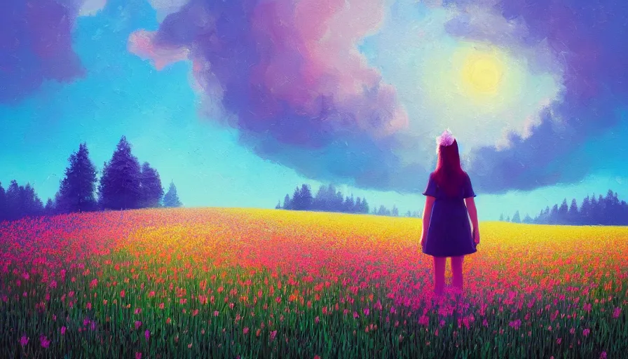 Image similar to girl with a flower face, surreal, dream, standing in flower field, hills, big trees, sunrise dramatic light, impressionist painting, colorful clouds, digital painting, pointillism, artstation, simon stalenhag