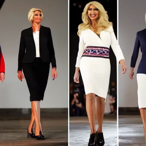 Prompt: donald trump flaunting it runway style in women's clothing now that he has come out as male to female transgender