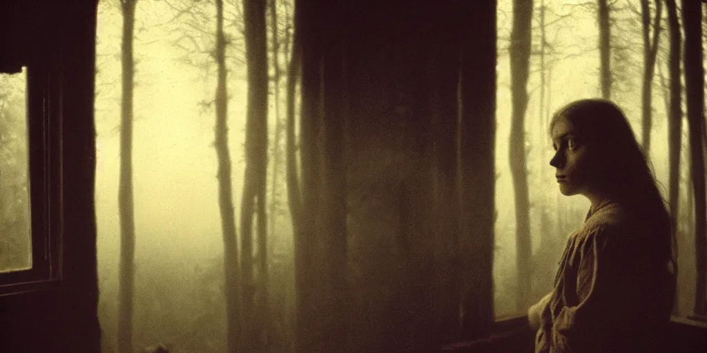 Image similar to portrait bust of young woman, solemn expression, faded color film, russian cinema, tarkovsky, kodachrome, old cabin, next to window, heavy forest outside, long brown hair, old clothing, heavy fog, sunset, hudson river school, 4 k, dramatic lighting, greg rutkowski