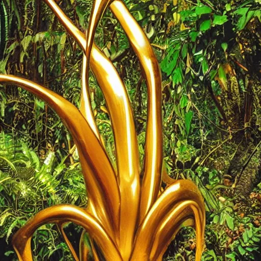 Image similar to vintage color photo of a giant 1 1 0 million years old abstract liquid gold sculpture shinning and covered by the jungle vines