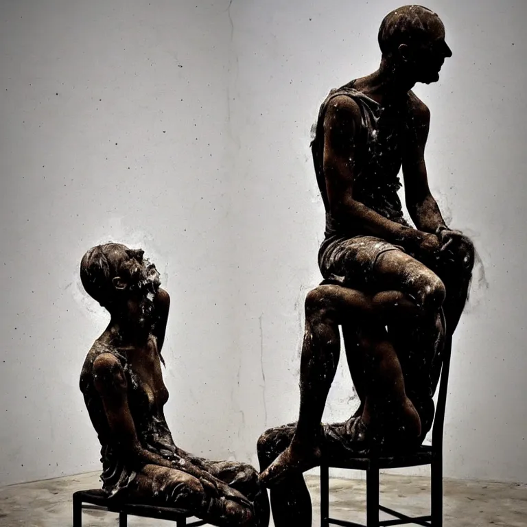 Image similar to a sculpture of a person sitting on top of a chair, a marble sculpture by nicola samori, behance, neo - expressionism, marble sculpture, apocalypse art, made of mist