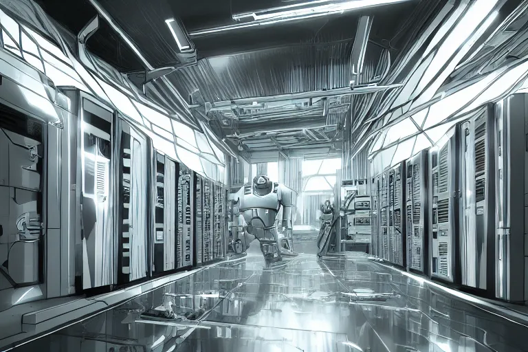 Image similar to parallax datacenter server room interior single mono colossus white rusty android guest robosaurus sitting artstation cinematic detailed concept art volumetric light sharp coherent cgsociety symmetric perfect well balanced shadows lotr servers