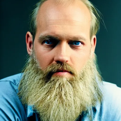 Prompt: color 35mm film still of a balding, middle aged blond man with a full blond beard and dark blue eyes, figure portrait