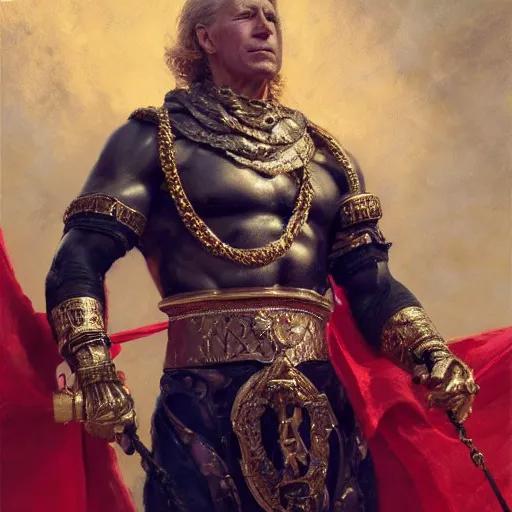 Image similar to detailed realistic cinematic wide shot of beautiful attractive muscular joe biden as roman empreror gold chain wearing royal red clothes slim face symettrical face clean skin black eyes black robe smooth, sharp focus, ultra realistic, spring light, painting by gaston bussiere, craig mullins, j. c. leyendecker