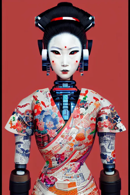 Image similar to full body portrait of a japanese robot geisha with kanji tattoos and decals wearing a digital pixelated kimono, intricate design, photorealistic, octane render, raytraced, ultra fine detailed, character design, trending on artstation