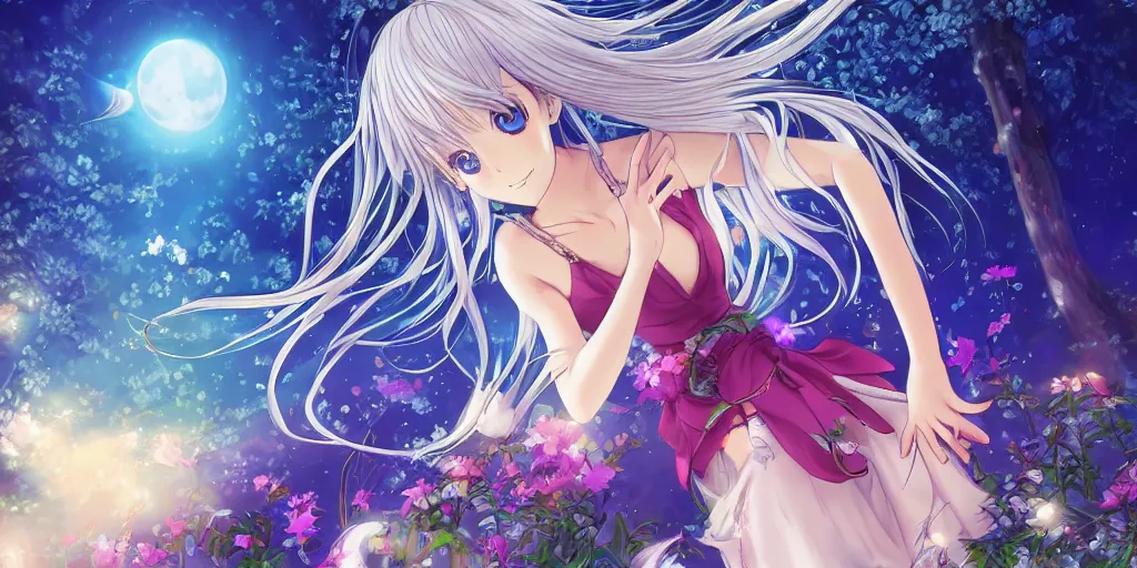 Image similar to anime key visual of a pretty girl with blue flowing hair, wearing a short skirt and a crop top, meditating in a magical fantasy garden at night, moonlight, fireflies glowing, lofi feel, magical, highly detailed, digital art, artstation, smooth, hard focus, illustration, art by artgerm - in the style of final fantasy and studio ghibli