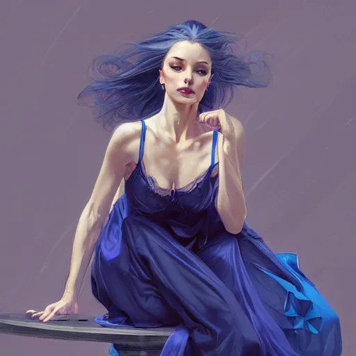 Image similar to portrait of ballerina wearing satin nightgown, blue hair, attractive, casual, modern, victoria's secret, highly detailed, digital painting, artstation, concept art, smooth, sharp focus, illustration, art by artgerm, greg rutkowski and alphonse mucha