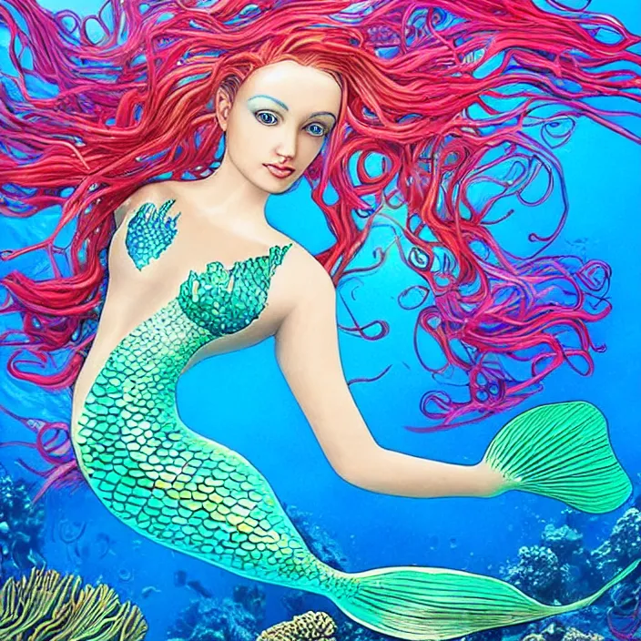 Prompt: a beautiful mermaid underwater, brightly coloured fish, coral and seaweed, hyper - realistic, mystic, detailed