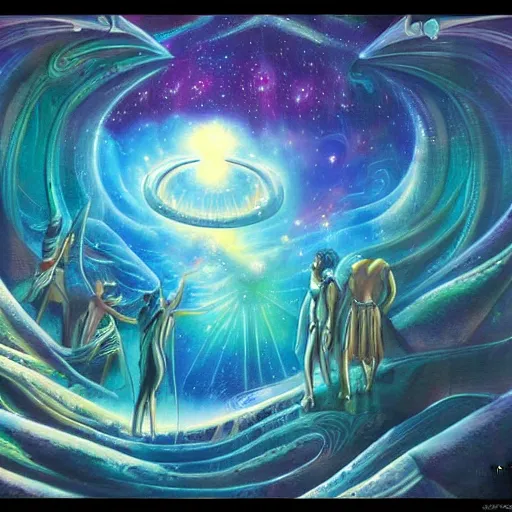 Prompt: atlantis, galactic astral realm journey in oil painting, trending on art station, surrealist art