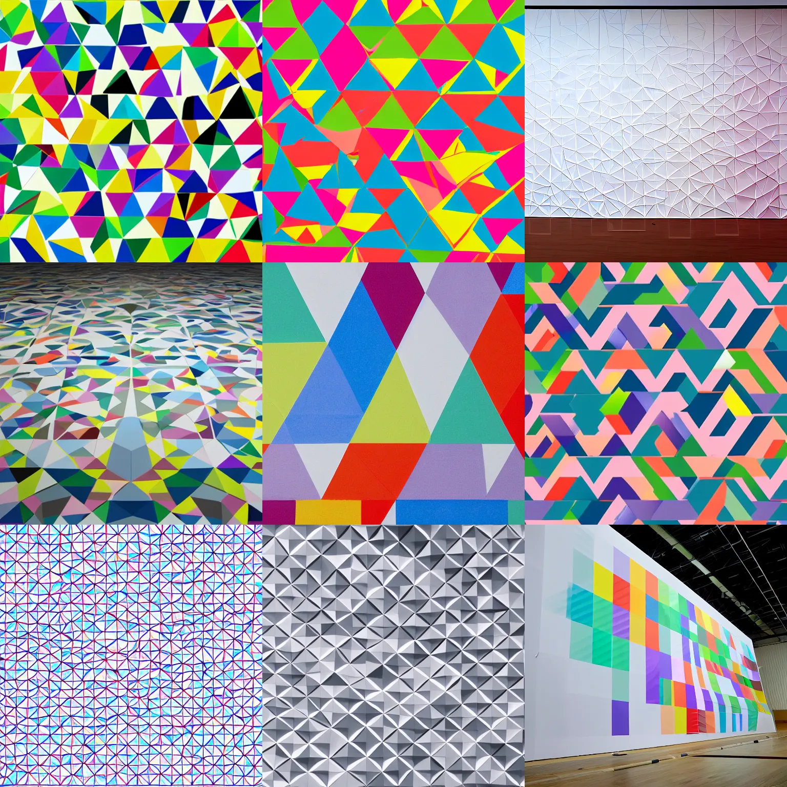 Prompt: perspective view of a huge sheet of paper on which are drawn geometric shapes of various sizes and colours. triangles