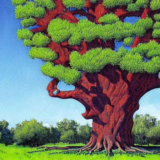 Prompt: extreme wide shot painting of the ancient tall Quercus Nigra tree of the Vermillion Quercetum, vibrant blue sky background, by Cortes Thurman the greatest comic book artist ever known, rendered in hyperdetailed Ultra HD