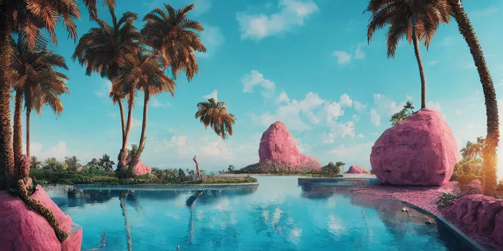 Image similar to Beeple masterpiece, hyperrealistic surrealism, award winning masterpiece with incredible details, epic stunning, infinity pool, a surreal liminal space, highly detailed, trending on ArtStation, calming, meditative, pink arches, palm trees, surreal, sharp details, dreamscape, giant gold head statue ruins, crystal clear water, sunrise
