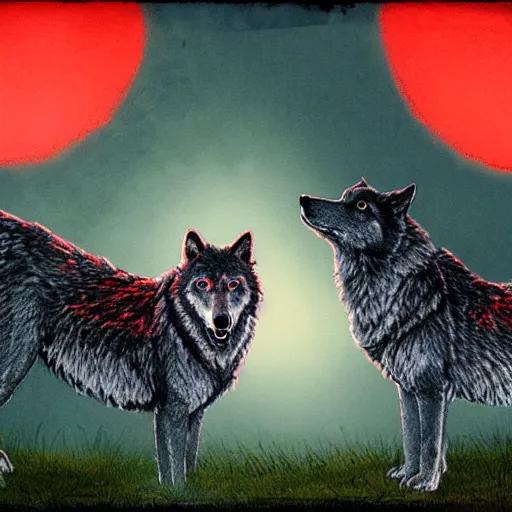 Image similar to bated breath, two wolves snarling, red sparkling cinders, smoke covers the sun