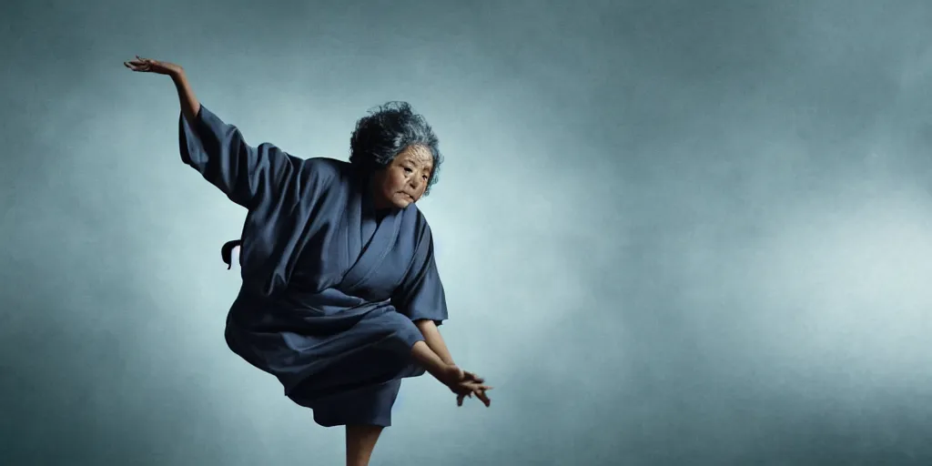 Image similar to a film still of an old black woman starring in a japanese blockbuster film as ancient sensei, levitating mid air, intense, shallow depth of field, cinematic, award winning cgi, vfx, film still