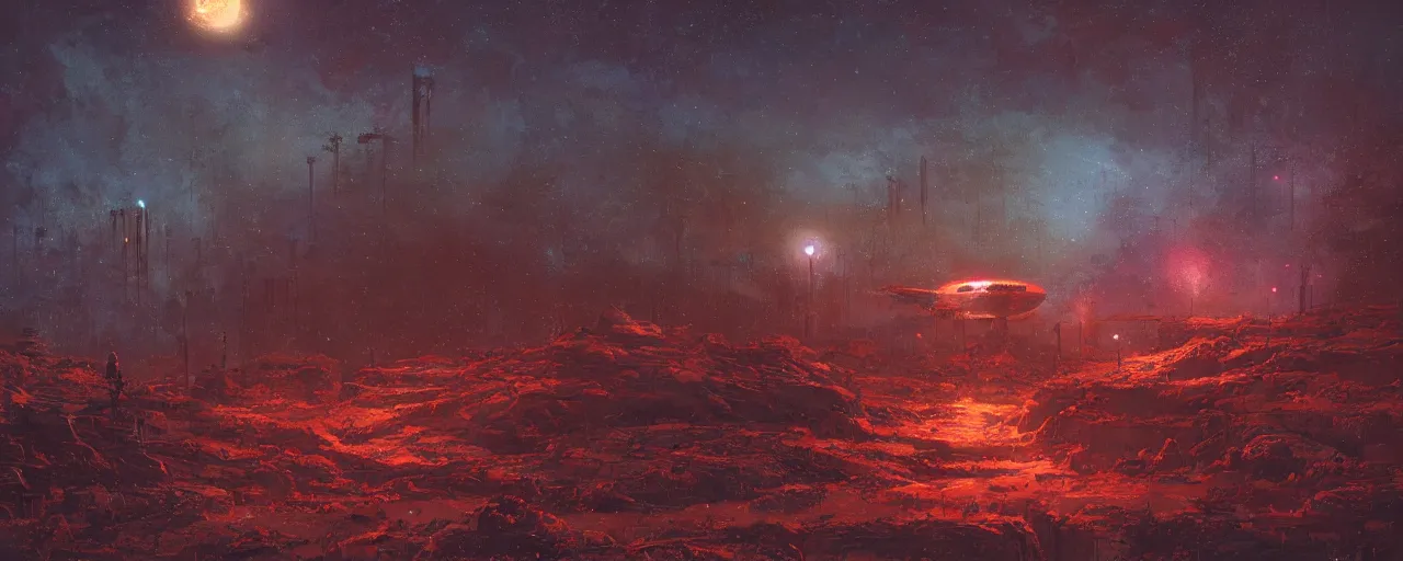 Prompt: ” night at a desolate outer planet made of barren black rock, [ cinematic, detailed, epic, widescreen, opening, establishing, mattepainting, photorealistic, realistic textures, octane render, art by paul lehr ] ”