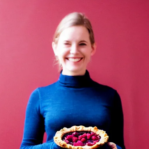 Image similar to A woman holding raspberry pie, red background