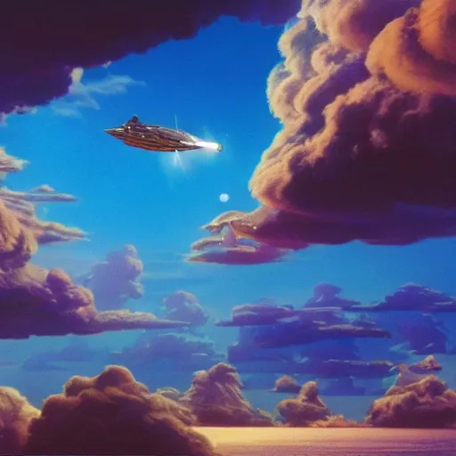 Image similar to beautiful matte painting of golden shores of a blue dreamy ocean, heavenly island in the clouds floating above the ocean, spaceship flying by, sci - fi, daylight, blue sky, cinematic lighting, cinematic perspective, syd mead, john harris, federico pelat