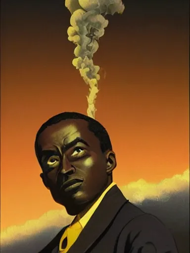Image similar to pulp magazine illustration of a black man in a suit smoking, cinematic view, dynamic lighting, volumetric lighting, mysterious highly detailed, 8 k, smooth, digital painting, symmetrical, art by vincent di fate, kehinde wiley, artem demura, frazetta