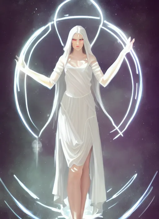 Image similar to goddess, pale, holy, gorgeous, white dress, symmetrical face, high fantasy, concept art, Disco Elysium, warm lighting