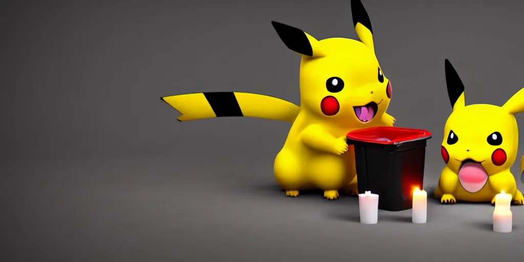 Image similar to pikachu devouring a dog sharp teeth burtal eyes scary mouth dark room red candles trash bin octane unreal engine render 8k photorealistic extreme detail textured