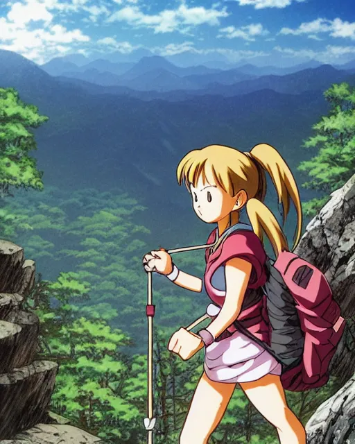 Image similar to a girl hiking the appalachian mountains, full shot, visible face, ambient lighting, detailed, very modern anime style, art by akira toriyama, eiichiro oda, hayao miyazaki, kentaro miura, masashi kishimoto