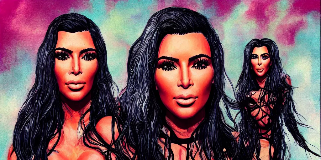 Image similar to kim kardashian on a coachella stage in the style of a slipknot album cover, minimal art style, highly detailed, intricate, digital painting, artstation, 3 5 mm film grain