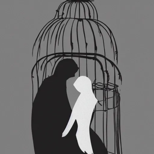 Image similar to photo of two shadowy figures hugging each other, they are in a birdcage, paint is falling off, black and white, 5 0 mm, dark