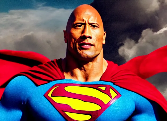 Prompt: film still of dwayne the rock johnson as superman in the new superman movie, 4 k