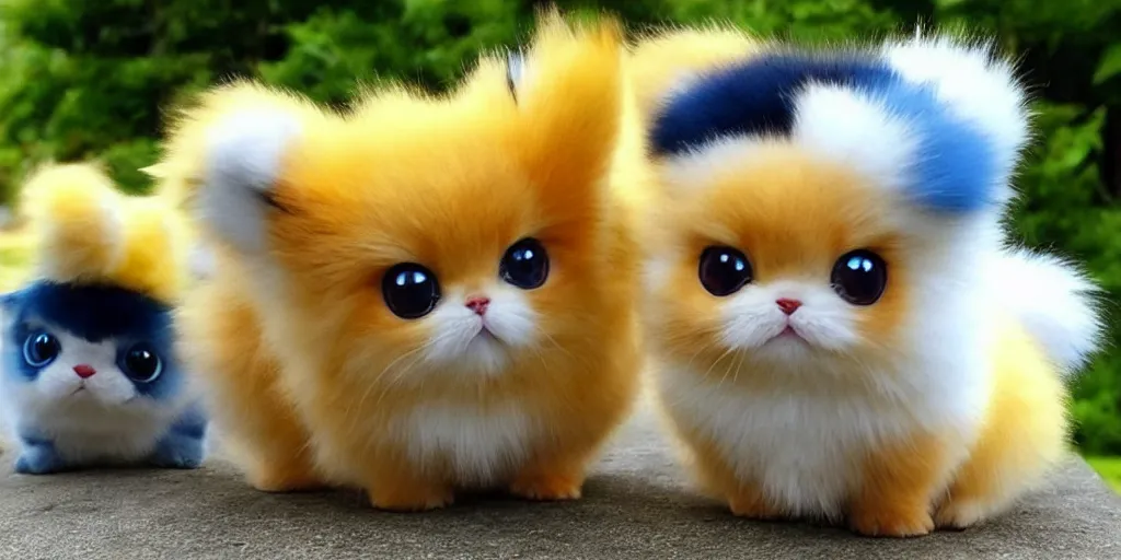 Image similar to real life pokemons, cute!!!, content!!!, mischievous!!!, adorable!!!, little furballs, fluffy!!!, ultra realistic!!!, golden hour, sharp focus