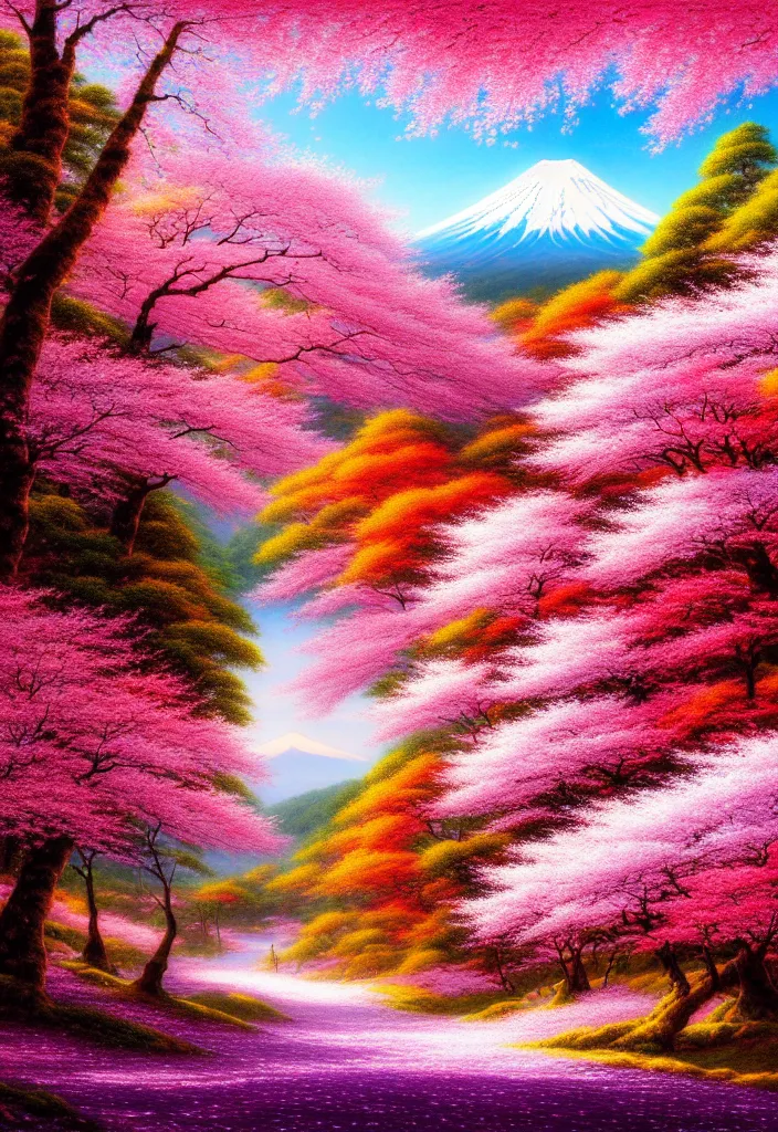 Image similar to a real photographic landscape painting with incomparable reality, wide angle, in forest, flowers, cherry blossom tree in full bloom, bright style, mount fuji, clearing, john howe, magnificent, artstation