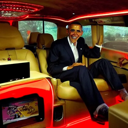 Image similar to barack obama on pimp my ride sitting in his newly upgraded presidential limo complete with a playstation 2, and a minibar. there are also neon lights in the interior.