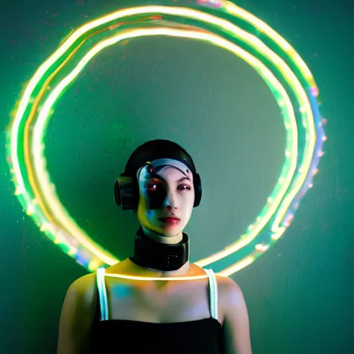 Prompt: a portrait of a female cyborg, fashion, streak lights, ligjt trail, color gel, photogtaphy, canon r 5, wide angle