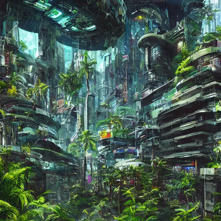 Image similar to cyberpunk visor, cyberpunk buildings in the tropical forest, wild jungles with organic housing, cyberpunk, high - quality surreal painting