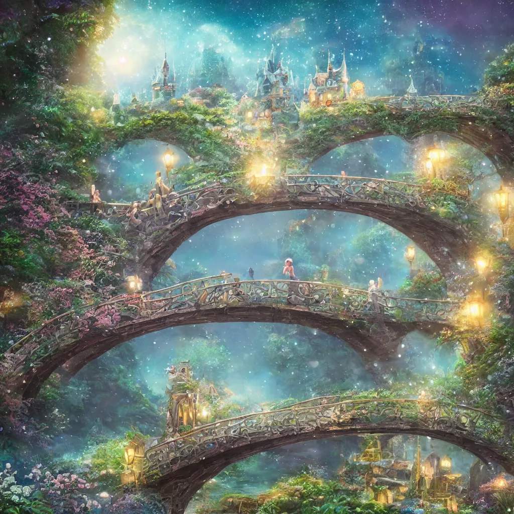 Prompt: fairyland bridge, outside of time and space, dreamy, romantic, night lighting, gorgeous lighting, dramatic cinematic lighting, intricate, highly detailed, in the style of studio ghibli, 8 k