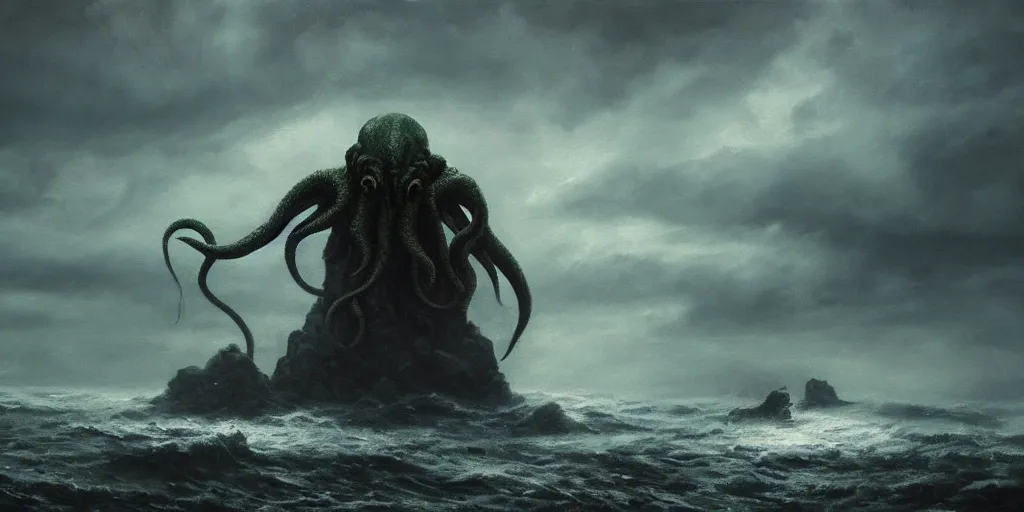 Image similar to cthulhu rising out of the ocean, hyper realistic oil painting, dark, moody cinematic lighting, creepy, fog, storm clouds, by greg rutkowski, trending on artstation