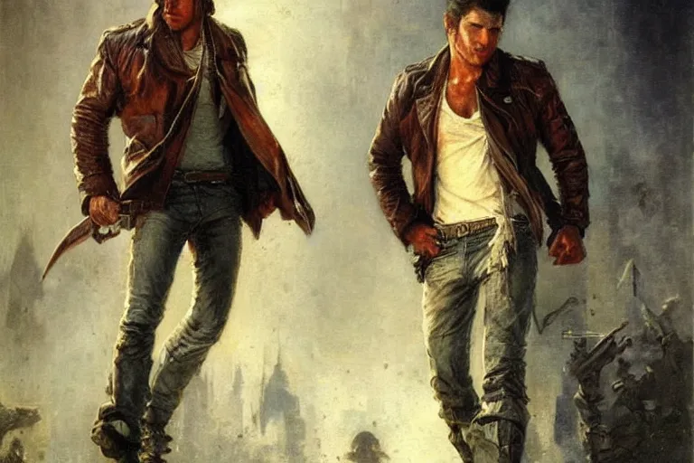 Image similar to a thirty - five year old contract killer named cobalt. he wears a brown leather jacket with a bloody white t - shirt tucked into his jeans. art by gaston bussiere.