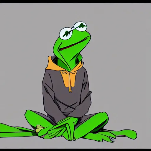 Image similar to Kermit the frog as an anime character, in the style of TV anime afro samurai, sitting near a river, Key Frame, Top rated of pixiv, High Detail, Medium Shot, Studio Bones, Dusk