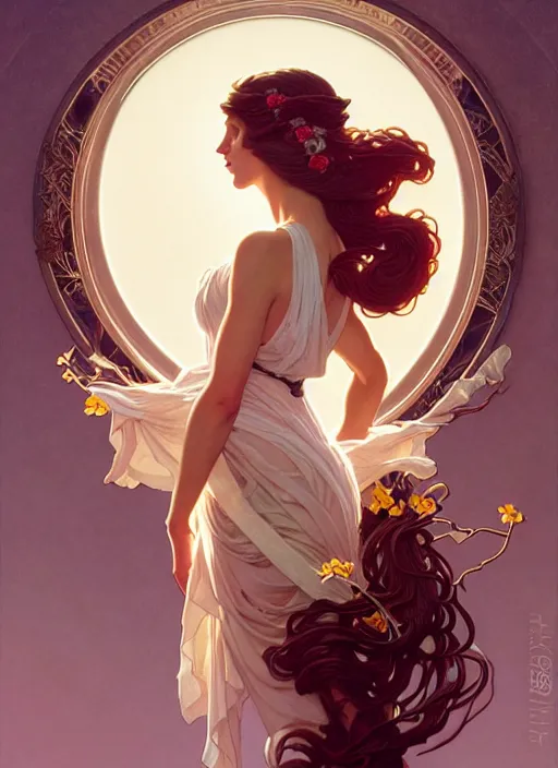 Image similar to leyendecker, michael whelan, beautiful french woman with long wavy hair, graceful arms, jewels, flowers, art nouveau, stephen bliss, unreal engine, by greg rutkowski, loish, ferdinand knab, ilya kuvshinov, rossdraws, tom bagshaw, alphonse mucha, global illumination, radiant light