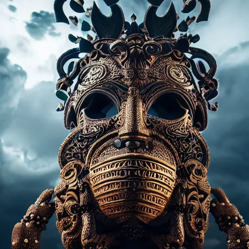 Image similar to an elaborate intricate mask surrounded by storm clouds, rendered in octane, behance hd, bokeh backdrop