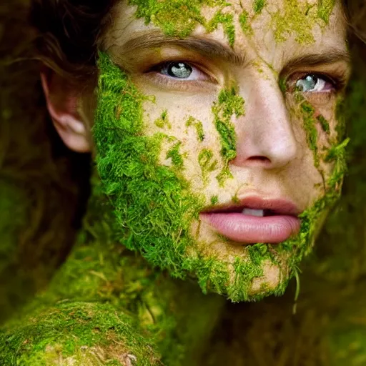 Image similar to beautiful portrait of a woman\'s face, her skin covered in moss and flowers, golden sunlight, extremely detailed, hyperrealistic, photo by annie leibovitz, masterpiece, award-winning